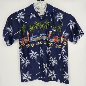 Vintage Pacific & Co Shirt Mens Medium Hawaiian Short Sleeve Tropical Cars
